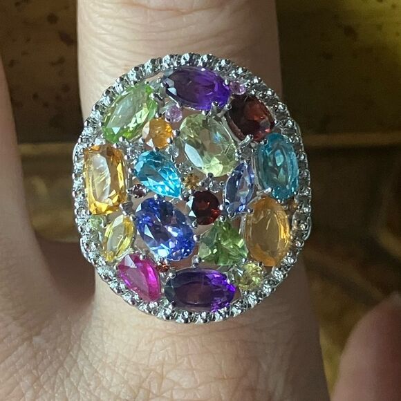 Multi Gemstone Sterling Silver Cluster Ring Size 9